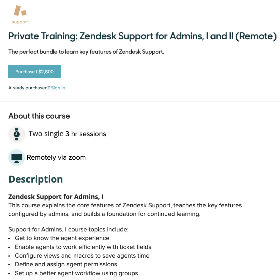 Sample Zendesk description page for certification exam.