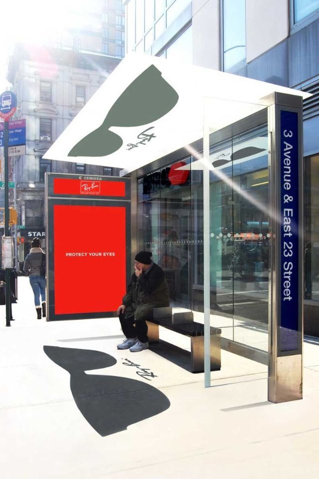 RayBans bus shelter ad that says "Protect your eyes"