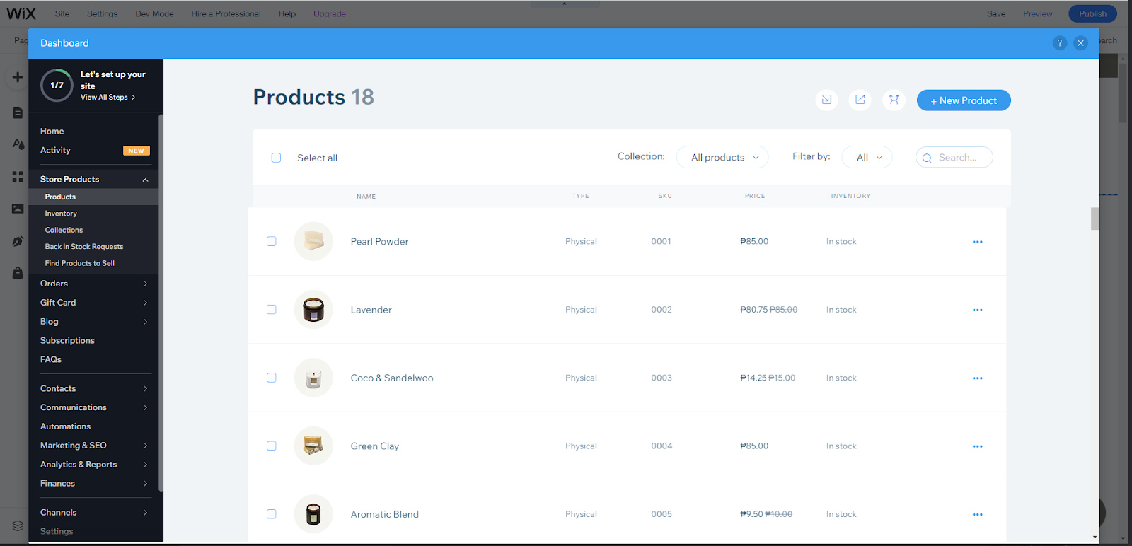 List of products from Wix dashboard.