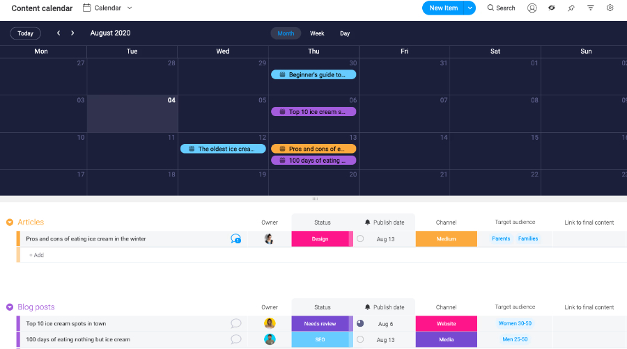 An example of a content calendar template in monday.