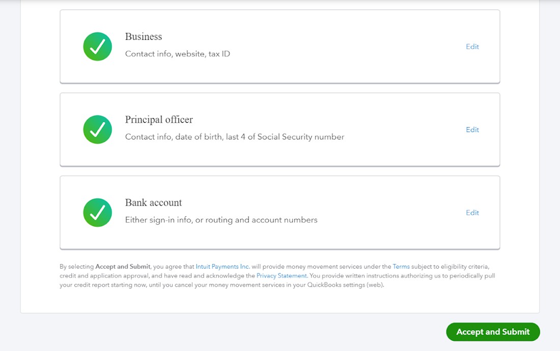 Business principal officer and bank account information summary on QuickBooks.