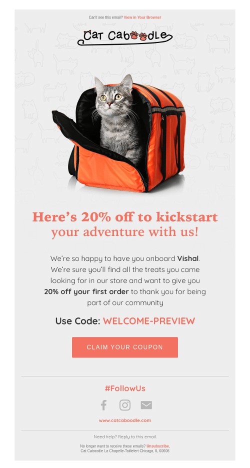 Cat caboodle welcome email.
