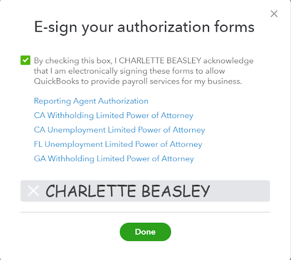 E-signing authorization forms on QuickBooks