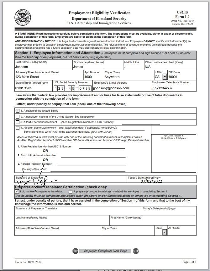 Filled out I-9 form section 1.