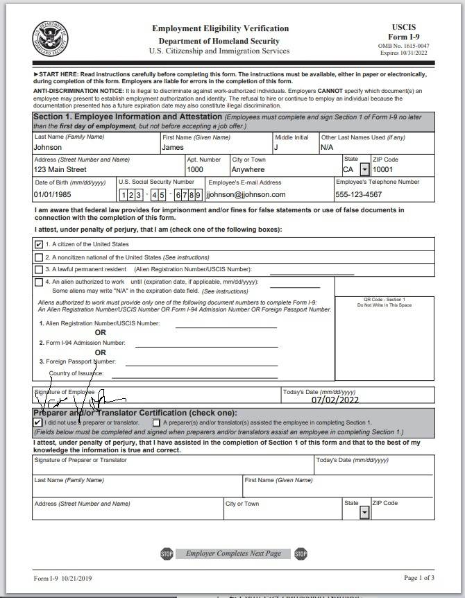 Filled out I-9 form section 2.