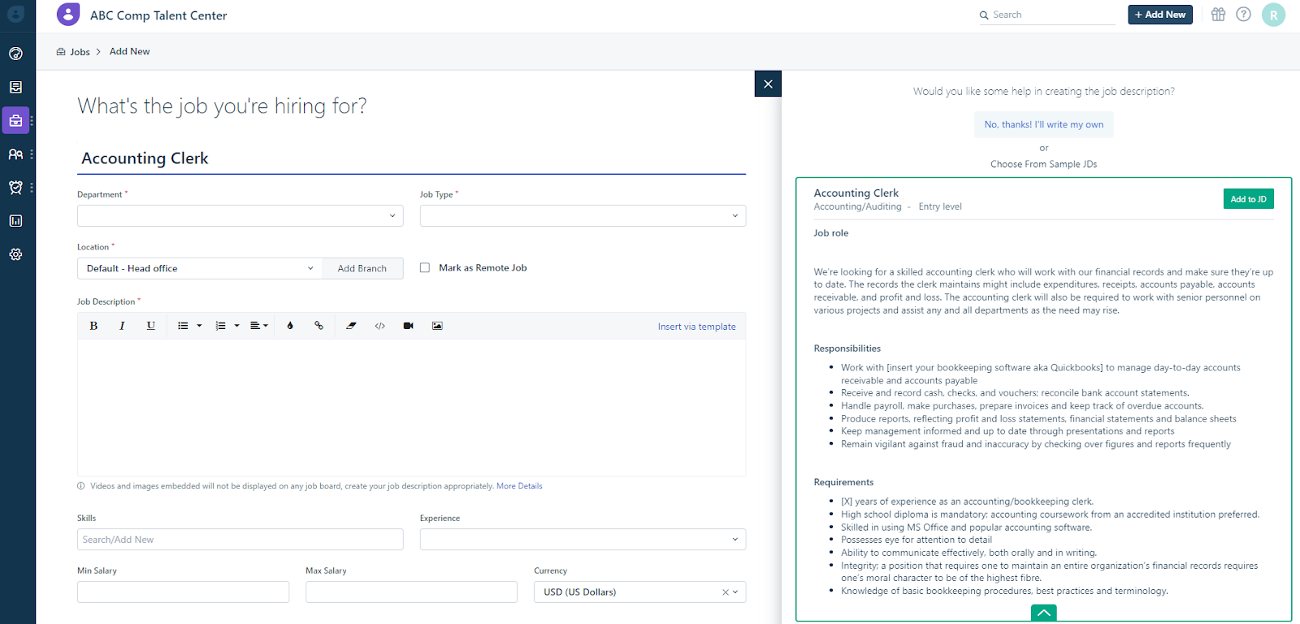 Freshteam automatically shows job description templates.