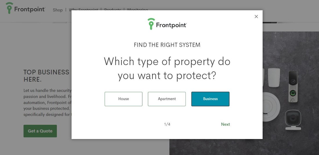 Frontpoint's business security page leads you through a custom quote.
