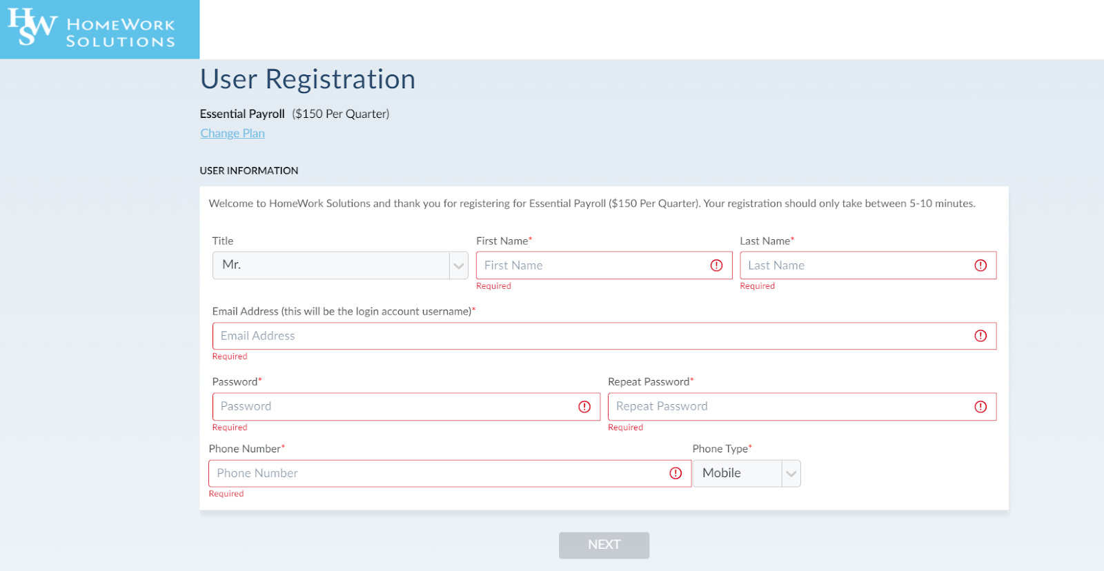 A users registration page from HomeWork Solutions where the users can input their information.