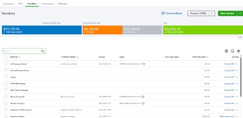 List of vendor bills on QuickBooks Online.