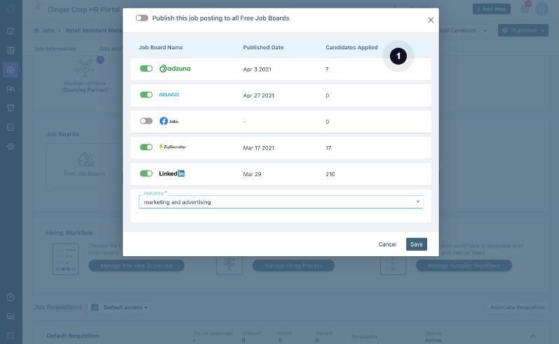 Showing how to publish job postings internally with Freshteam.