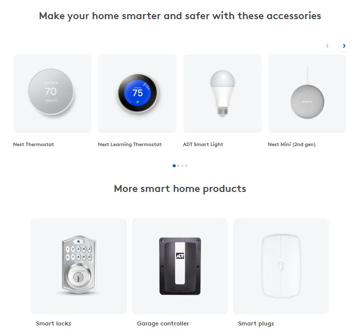 Smart home products offered by ADT including thermostats, lighting, and locks.