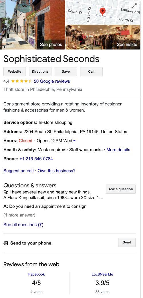 Showing a verified Google business listing example.