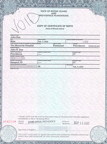 Sample of a Rhode Island birth certificate.