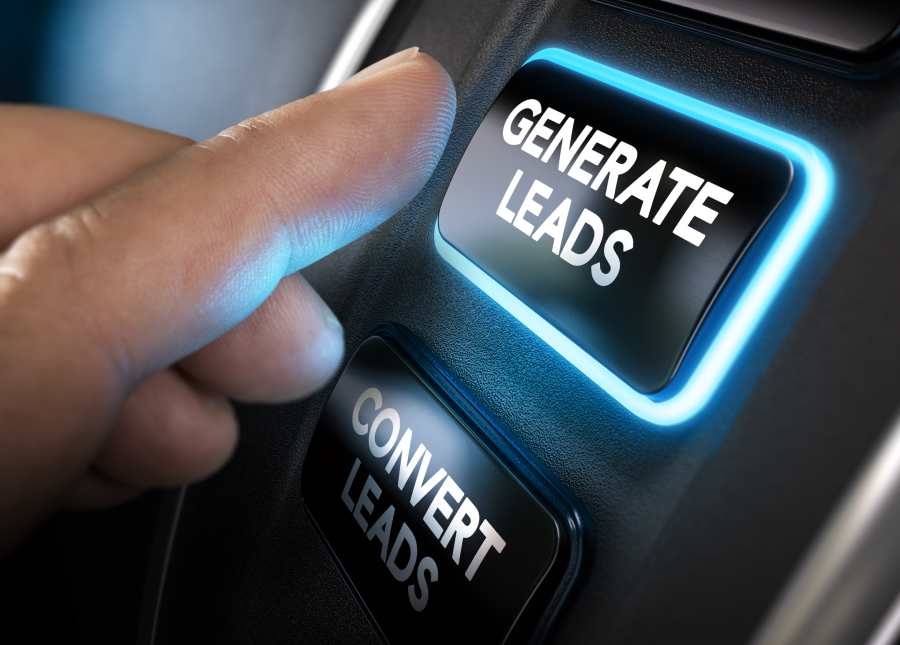 A finger pressing the "Generate Leads" button.