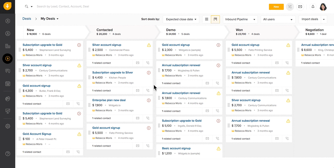 A GIF showing the different ways that users can view and monitor sales workflows on Freshsales.