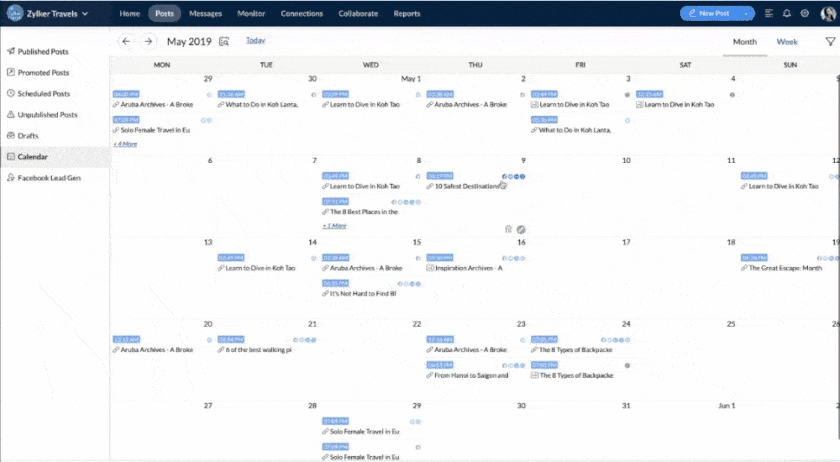 Zoho drag and drop social post scheduling feature.