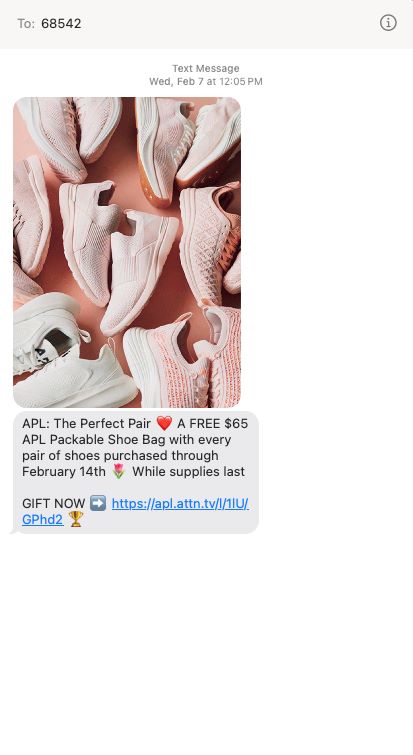 text message chat on iPhone with photo message of pink sneakers plus a marketing written message