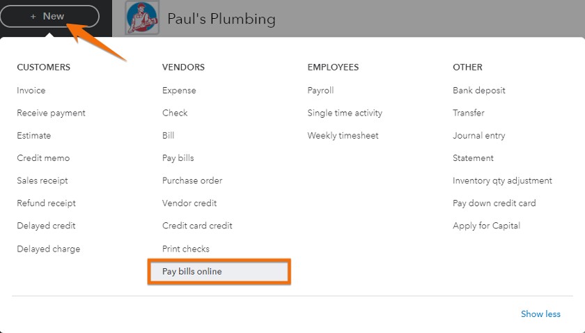Image of how to access the pay bills online screen in QuickBooks Online.