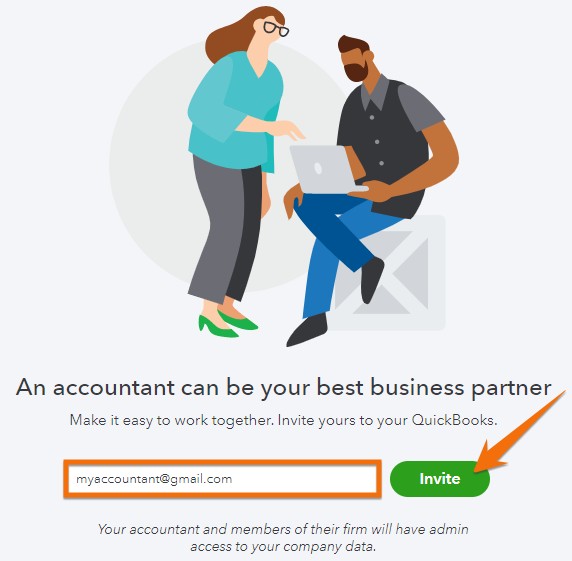 Arrow pointing to Invite button in Quickbooks Online.