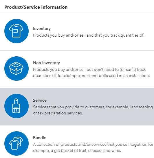 Adding a product or service in QuickBooks Online.