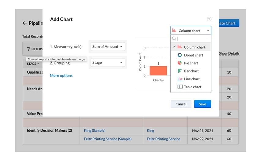 Adding report chart in Zoho CRM.