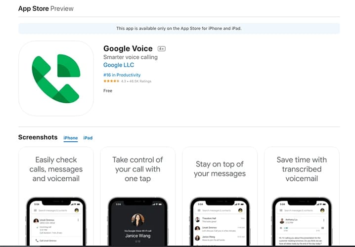 App Store preview of the Google Voice application.
