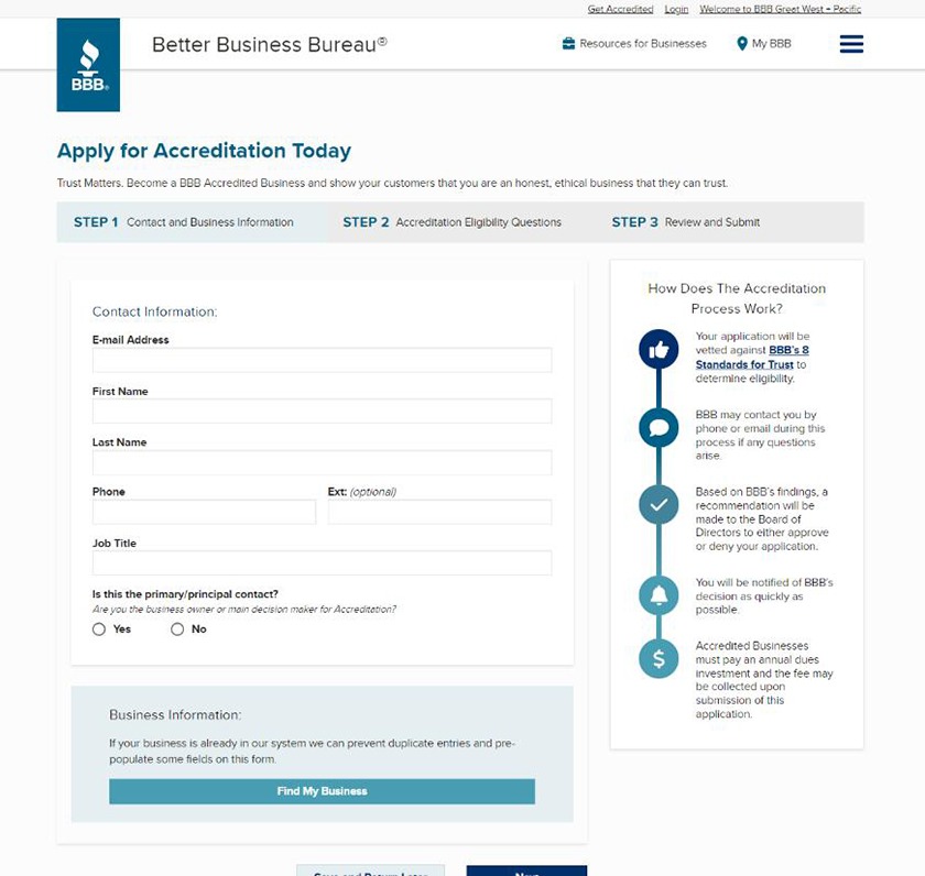 Apply for BBB accreditation form.