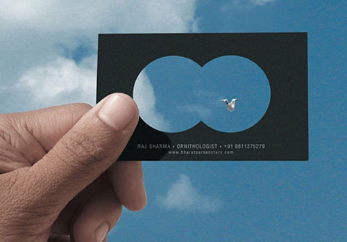 Business cards for bird studying business with viewing shape die-cut.