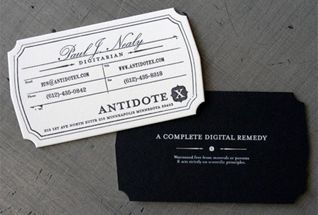 Business cards for vintage-looking die-cut design with inverse-rounded corners.