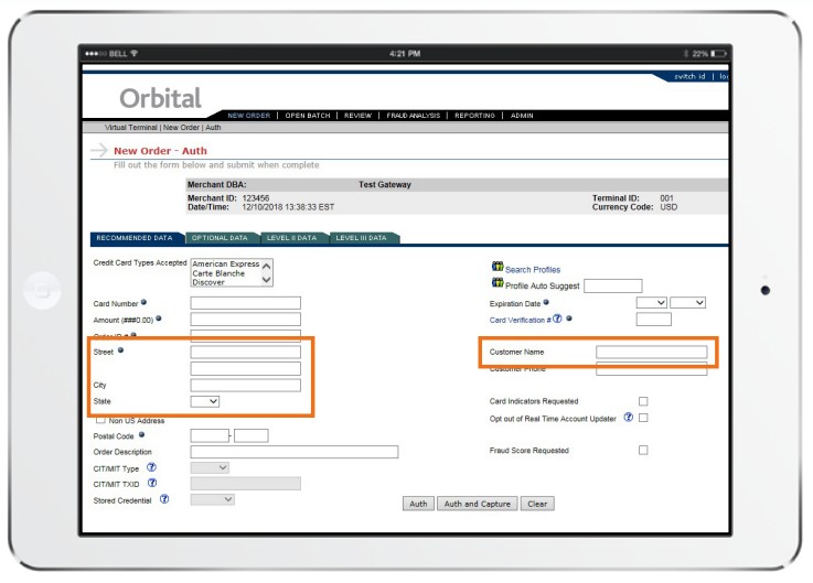 Chase’s Orbital Virtual Terminal lets you save customer data.