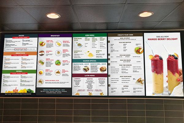 Digital menu boards for movie theaters and fast-food restaurants.
