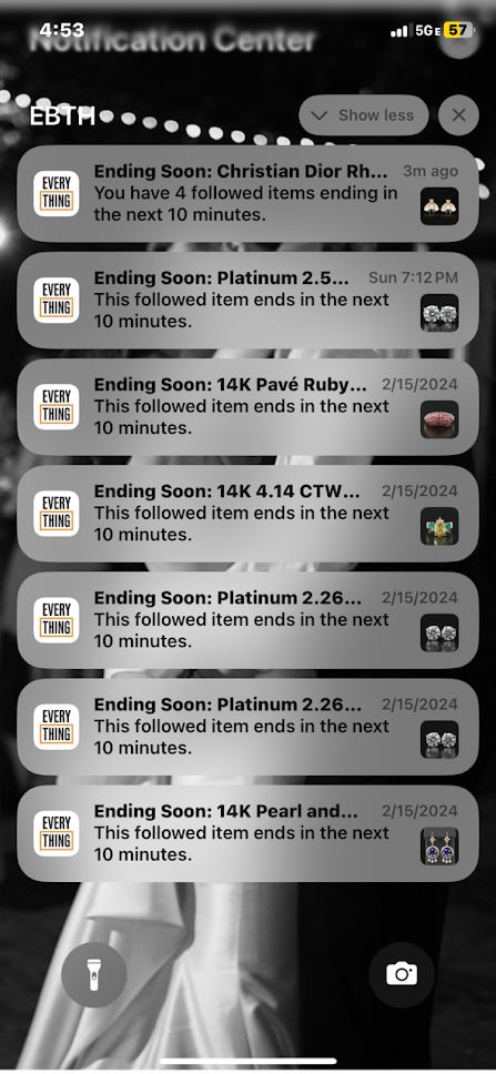 Notification list on iPhone with seven notifications for listings ending on EBTH