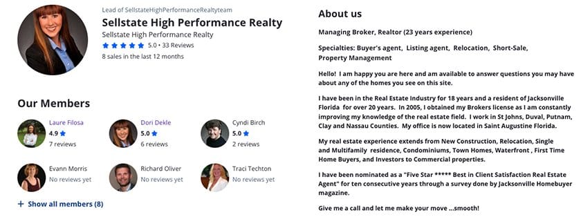 Example of Zillow agent profile with their skills and experience.