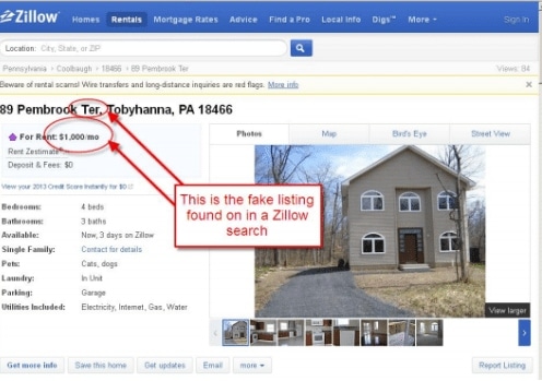 Fake listing example from Zillow rentals.