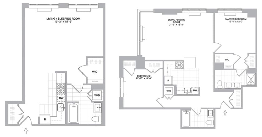 Floorplans of a studio and one-bedroom unit.