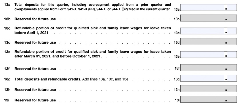 Form 941 Part 1 - Lines 13 a-i.