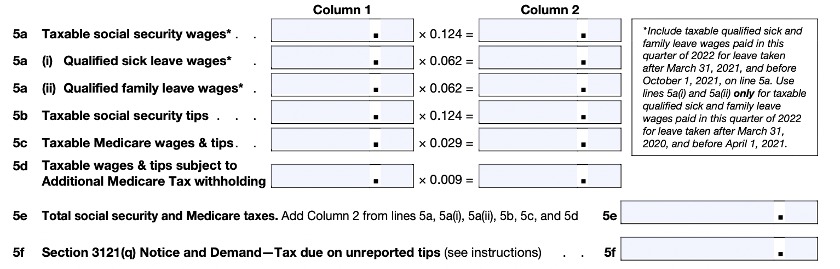 Form 941 Part 1 - Lines 5 a and b.