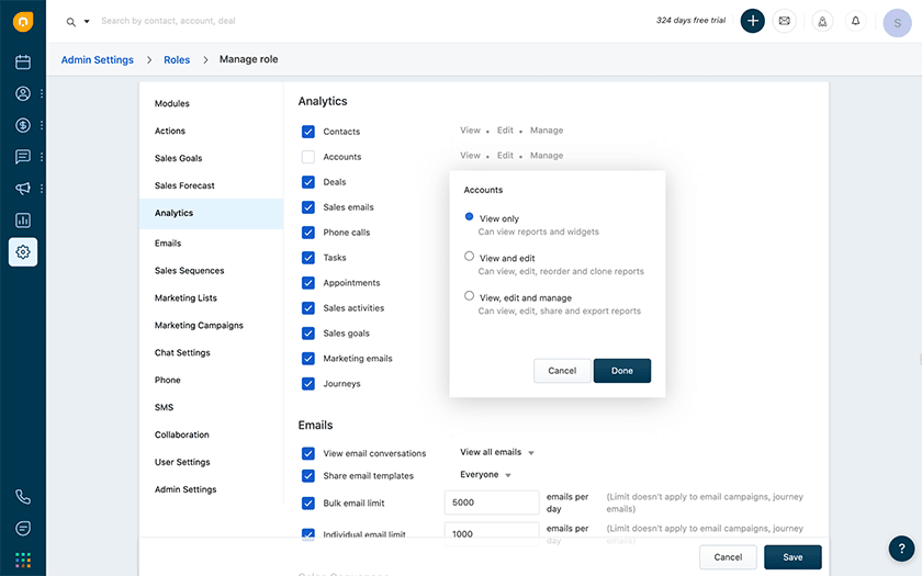 Freshsales admin settings manage roles options.