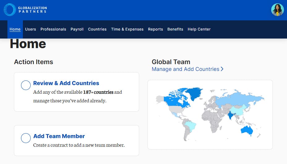 Globalization Partners’ dashboard with map.