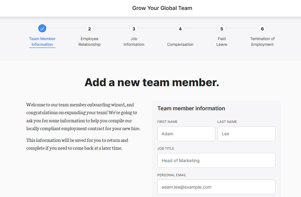 Globalization Partners step by step adding new team member.