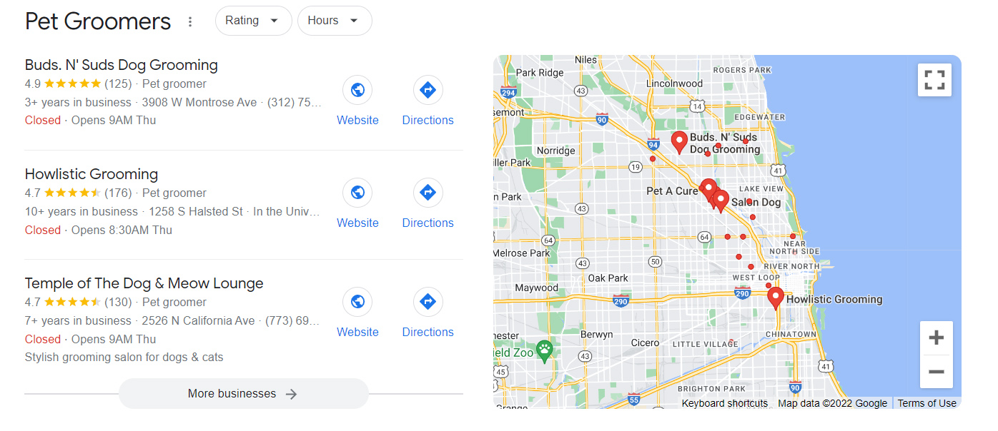 Principais resultados de pesquisa e amostra de mapa do Google Business Listings.