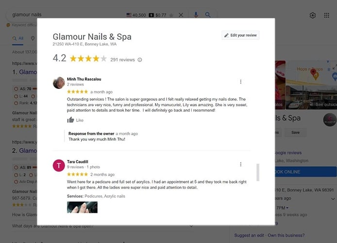 Google review sample on Glamour nails and spa.