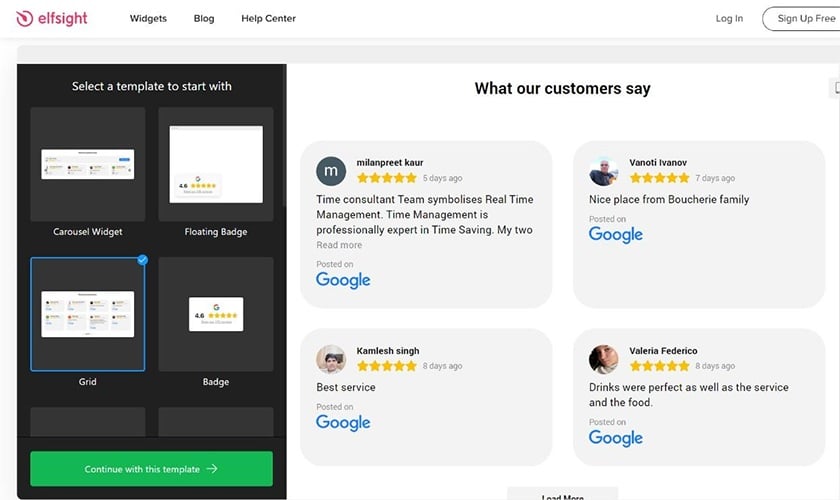 Google reviews embedded onto a website with Elfsight widget.