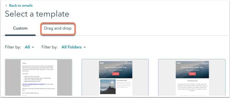 HubSpot selecting email template by custom or drag and drop.