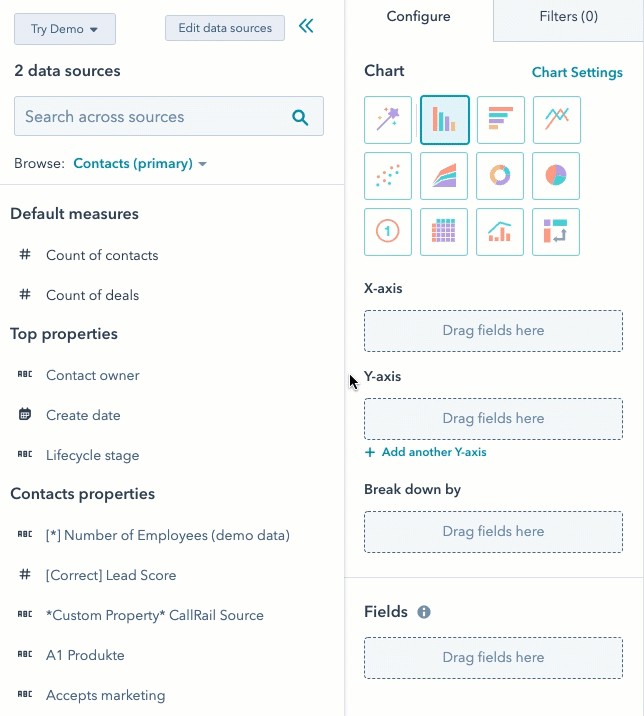 HubSpot data fields and chart configurations.