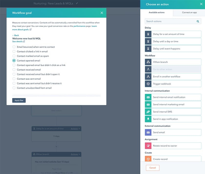 HubSpot email workflow goal configurations.