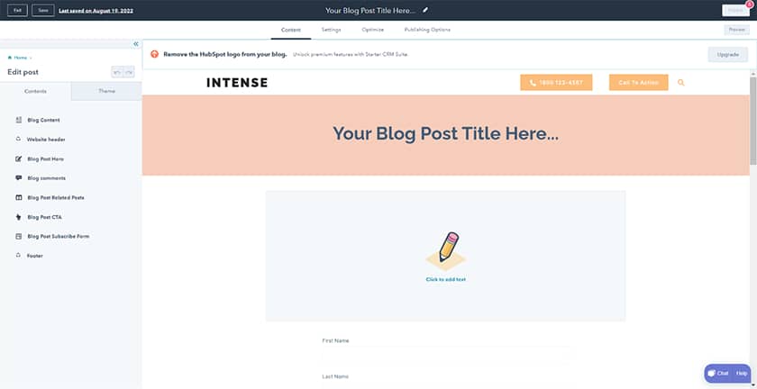 Hubspot options to create a blog post.