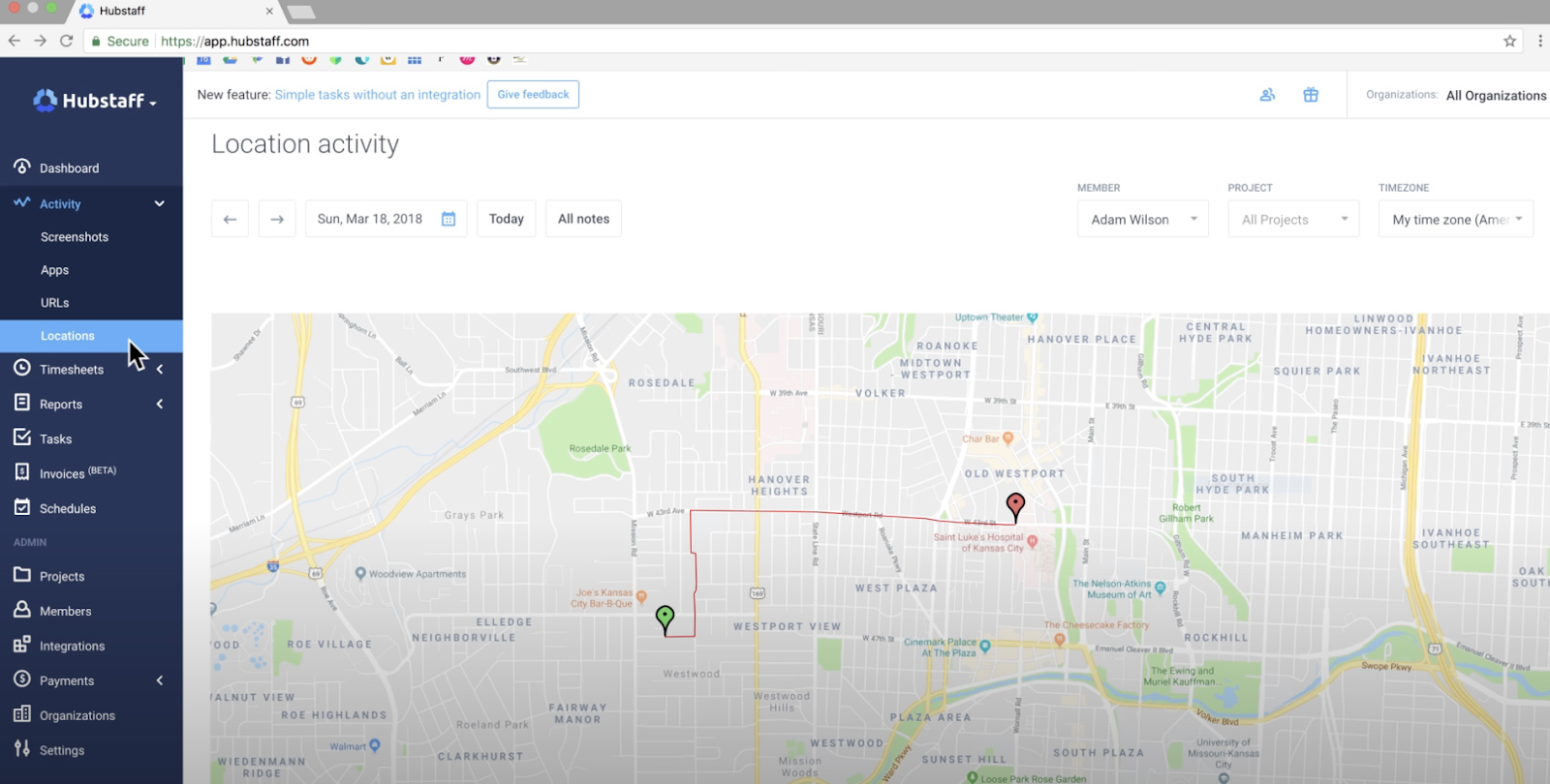View team member’s location via the Locations on Hubstaff menu dashboard.