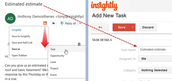 Insightly add new task tab from Outlook.