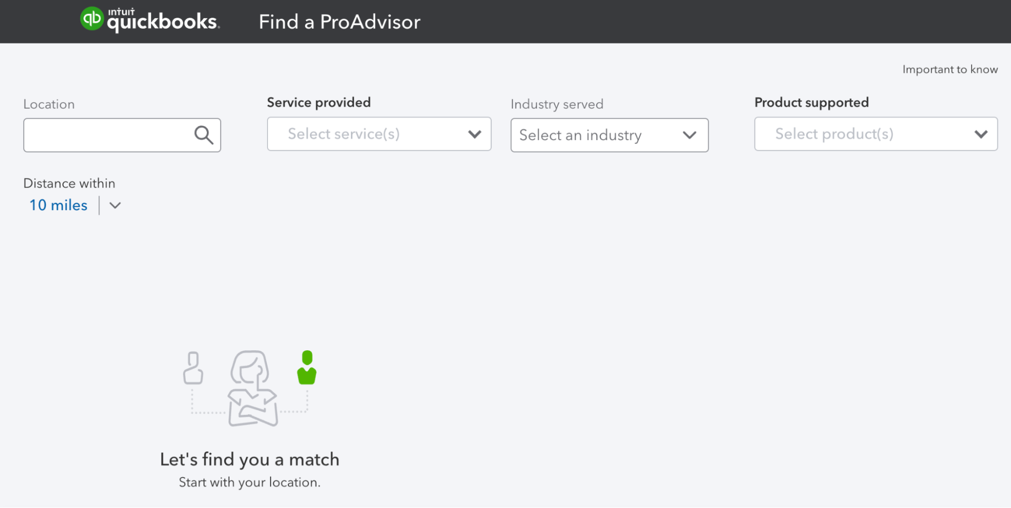 Screen where you can use filters to find a ProAdvisor on Intuit's Find a ProAdvisor website.